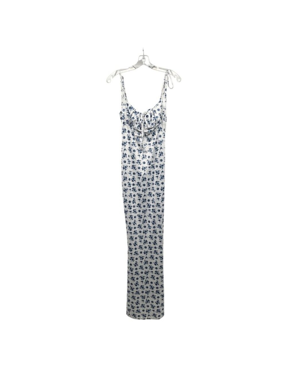 PARTHEA Floral Maxi Slip Dress White/Blue Tie Straps Womens Size Medium Silky